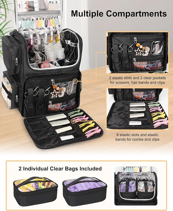Relavel Hair Tools Travel Bag with 6 Pcs Clear Bags, Hair Stylist Backpack Hairdresser Cosmetology Bag, Heat Insulation Full Layer for Curling Iron, Hair Straightener, Travel Accessories Train Case - Image 4