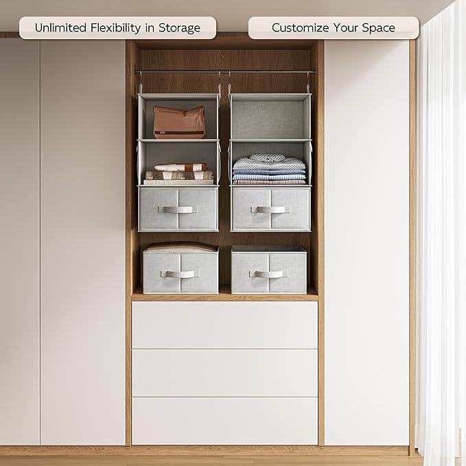 Vailando 3-Shelf Hanging Closet Organizer, Set of 2 Hanging Shelves with 2 Drawers for Wardrobe, Nursery, Baby Clothes Storage and Organization, Silver Gray - Image 5