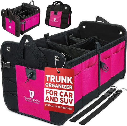 Pink Car Trunk Organizer for Women, SUV & Jeep Cargo Storage, Large | Fits Cars, SUVs & Trucks Great Gift for Car Owners Keeps Your Car Organized Easy Grocery Storage Space-Saving Portable by TRUNKCRATEPRO