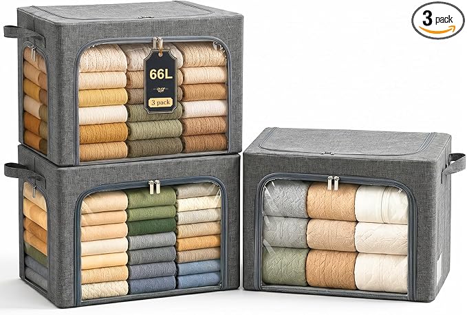 GoMaihe 3 Opening Clothes Storage Bins with Metal Frame, 66L Blanket Storage Organizer for Walk-in Closet Large Storage Boxes with Clear Window for Bedding Winter Clothing 3-Pack Grey by GoMaihe