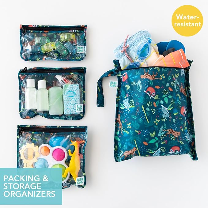 Bumkins - Waterproof Wet Bag & Clear Travel Bags - For Beach, Baby, Travel, Swim Suit, Cloth Diapers, Pump Parts, Pool, Gym, Toiletries - Reusable & Easy to Clean - Jungle - 4 Pack - Image 2