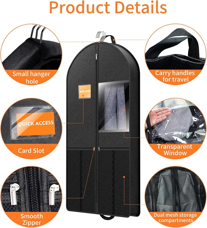 Garment Bag Travel Suit Storage: 43 Inch 3 Packs Fabric Breathable Zippered - Clothes Covers Carry Shoe Pockets Lightweight - Men Travel Wardrobe Protector Hanging Up Multiple - Image 6