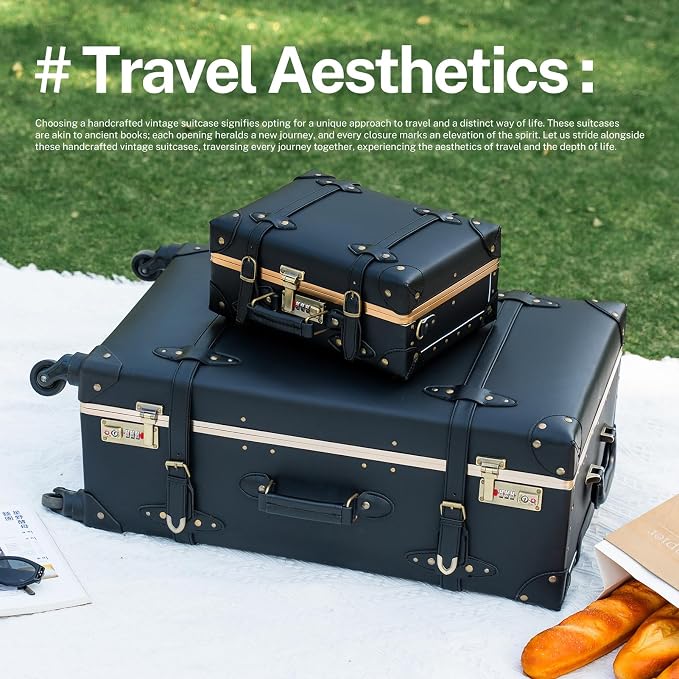 urecity Designer Vintage Trunk Combination Luggage Sets of 2 Piece, Hard Shell Retro Travel Suitcase with Wheels (Black, 20"+12") - Image 5
