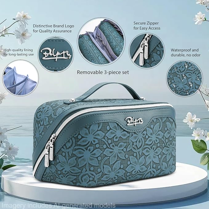 BOYATU Travel Makeup Bag Cosmetic Bags for Women: Large Capacity 3 Pcs Set Make up Bag with Compartments - Waterproof Vegan Leather Toiletry Organizer Bags with Handle (Z-63Blue) - Image 2