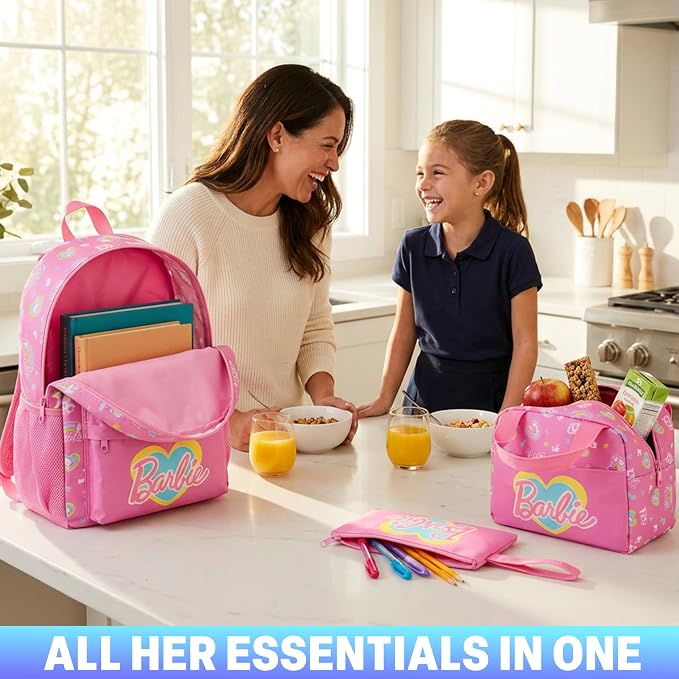 Get Trend Barbie Girls Backpack, Lunch Bag & Pencil Case, 3-Piece Set | 18 inch Kids Bookbag, Adjustable Padded Straps, Insulated Lunch Bag, Zipped Pencil Pouch, School Supplies, Gifts for Girls - Image 6