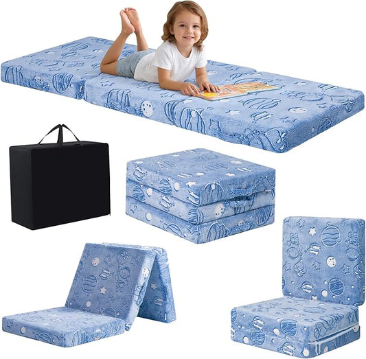 MeMoreCool Glow Space Kids Foldable Floor Mattress Trifold, 57x22 Inch Blue | Glow space trifold mattress for kids room, playroom, reading and travel by MeMoreCool