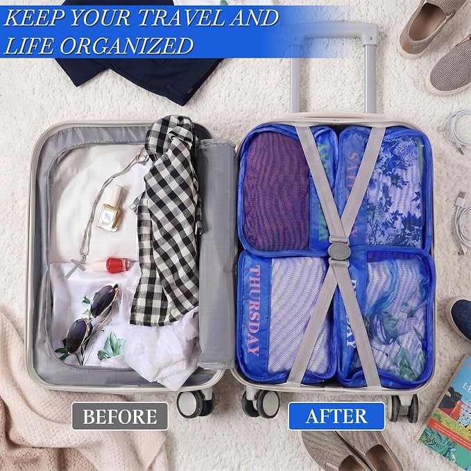 Days of Week Packing Cubes Summer Camp Essentials Weekly Organizer Storage Bag School Clothes for Travel Kids Family(9x7x3inch,Blue,15) - Image 4