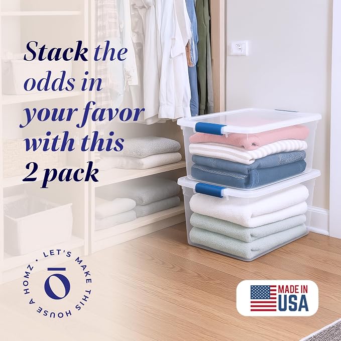 HOMZ 2-Pack Latching Lid, Large Clear Plastic Storage Bins with Lids, 66 Quart, Blue Latch - Stackable Container Boxes for Home, Bathroom, and Office Organization - Image 2