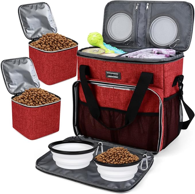BAGLHER Dog Travel Bag, Pet Travel Bag (ALL Pet Travel Supplies), With 2 Pet Food Containers and 2 Collapsible Silicone Bowls; Essential Kits for Travel Red by BAGLHER