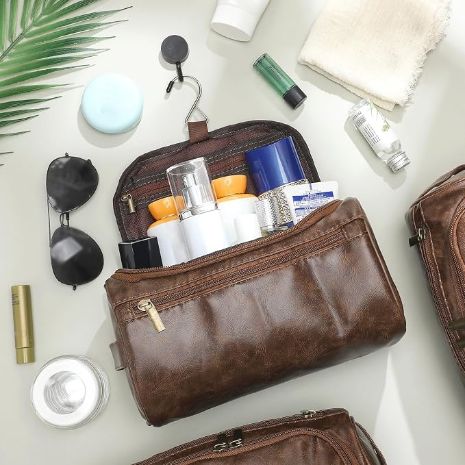 Aliceset 6 Pcs Groomsmen Gift Groomsmen Toiletry Bags Set of 6 Leather Toiletry Bag for Men with Hook Leather Wedding Proposal Bag with Side Handle Father Gift(Dark Brown) - Image 5