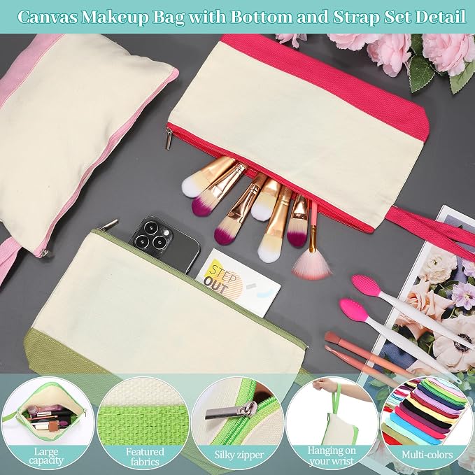 Silkfly 30 Pcs Cotton Canvas Makeup Bags Cosmetic Zipper Bags 10.2 x 5.5 x 2'' Blank DIY Pouch Bulk Pencil Case with Bottom Travel Toiletry Pouch for Women Craft Decor Gift (Cute) - Image 3