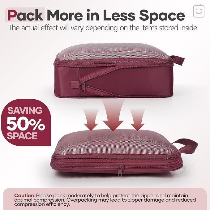 Veken 9/11 Set Compression Packing Cubes for Travel Essentials,Compressible Expandable Luggage Suitcase Organizer Bags with Garment Bag,Space Saver Bags with Over 1000 pcs of Mesh Holes(Wine Red) - Image 6