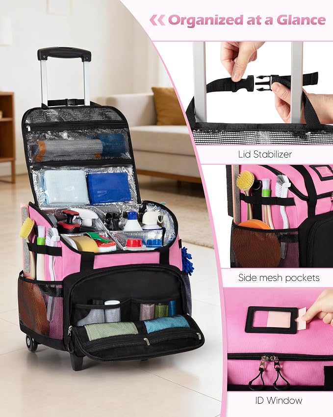 Marscamd Large Rolling Cleaning Caddy Bag with Detachable Trolley, Cleaning Supplies Organizer with Wheels for Housekeepers, Pink - Image 2