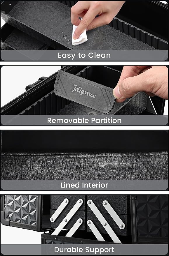 Joligrace Makeup Train Case Professional Cosmetic Organizer Aluminum Storage Box with 4 Adjustable Dividers Trays Lockable Portable with Shoulder Strap - Image 6