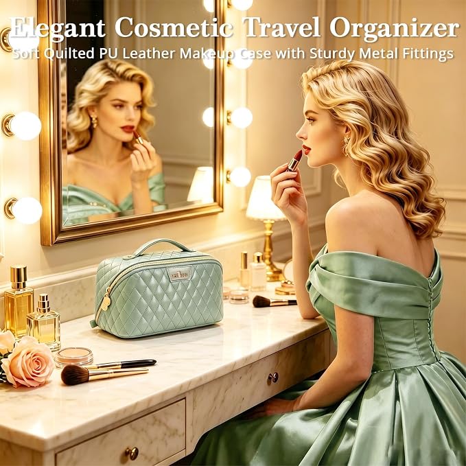 Travel Makeup Bags Cosmetic Organizer: 3Pcs Set Puffy Make up Bag for Women | Green Premium Quilted ELEGANCE Design | Large Capacity Leather Toiletry Bags | Wide Open Compact Case for Travel Essentials - Image 3