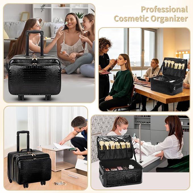 OCHEAL 18" Rolling Makeup Case, Professional 4-in-1 Trolley Case | 3-Layer, Large Cosmetic Organizer with Wheels,Large Makeup Case & Double Brush Organizer, 6 Travel Bags - Image 4