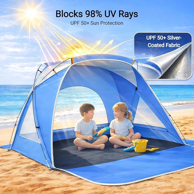 Beach Tent, Portable Sun Shelter for 2/3/4/6-8 Person with UPF 50+ UV Protection, Easy Setup Waterproof Beach Shade Canopy Cabana for Family Outdoor and Picnics, Fishing with Carrying Bag - Image 2