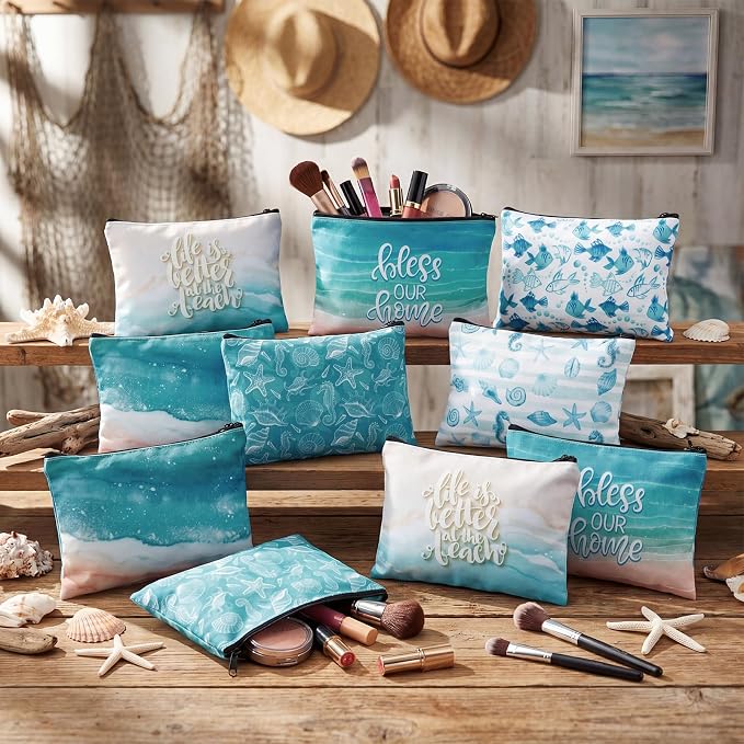 Sweetude 12 Pcs Beach Makeup Bag Bulk Summer Ocean Gifts Portable Travel Cosmetic Bags with Zipper Coastal Sea Starfish Waterproof Roomy Travel Toiletry Organizer Storage Beauty Pouch for Women Gifts - Image 2