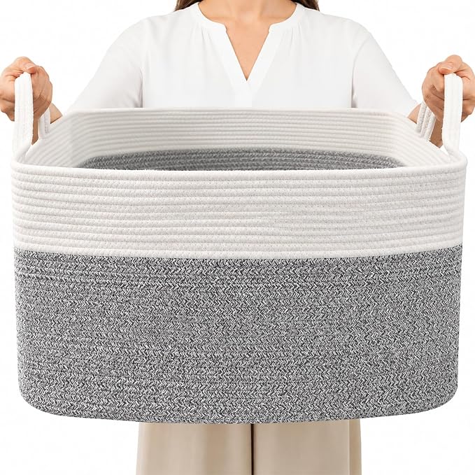 96L XXXLarge Woven Laundry Basket with Sturdy Handles - White/Grey | Machine washable,Space-Saving Collapsible Design,Cotton rope, blanket basket living room,for toys clothes nursery bathroom by HZFTJOY