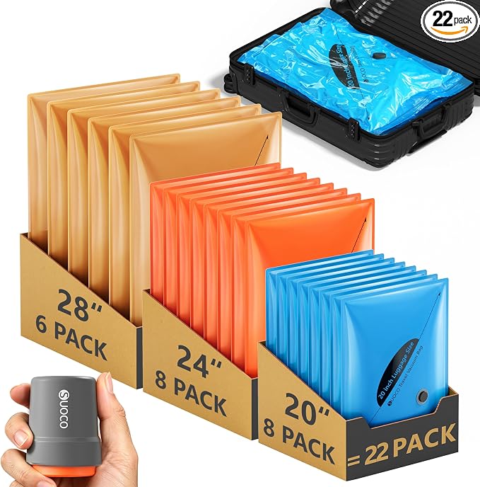 SUOCO 22 Pack Vacuum Seal Bags for Clothing Travel with Wireless Pump, 3 Sizes (20/24/28 Inch) Compression Packing Cubes for Luggage Suitcase by SUOCO