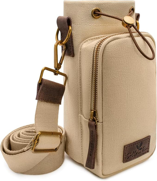 Water Bottle Holder with Strap & Pocket Fits 16 to 32 oz Bottles Crossbody Water Bottle Carrier for Women Canvas and Leather by SOLLYANDRUE