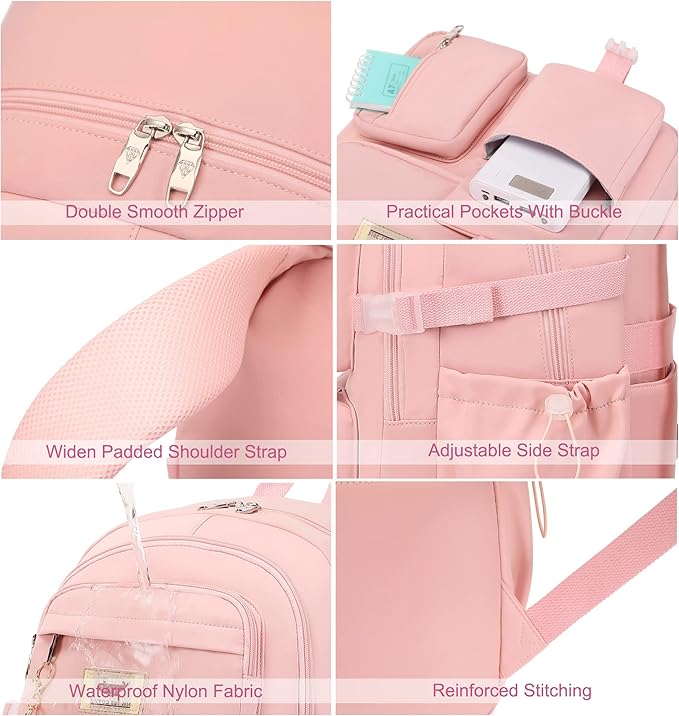 Laptop Backpack 15.6 Inch Elementary Middle High School Bag College Backpacks with Lunch Box Pencil Pouch 3 PCS Set Travel Bookbags for Teens Girls Women Students (Pink) - Image 4