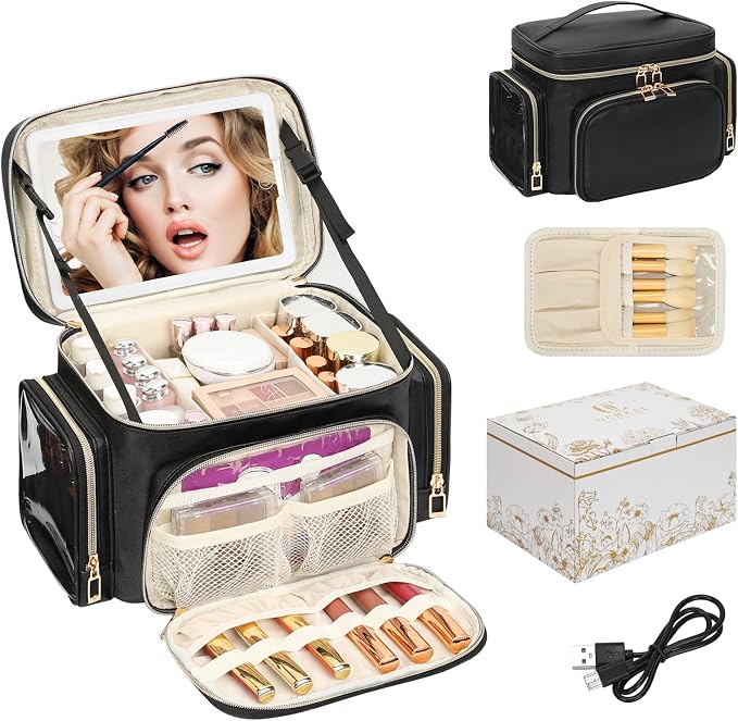 Large Makeup Bag with LED Mirror, Travel Makeup Bag Organizer for Women Girls with Makeup Brush Compartment & Two Side Pockets, 3 Color Lights Cosmetic Toiletry Bag- Leather Black by OrganizeYourMakeup