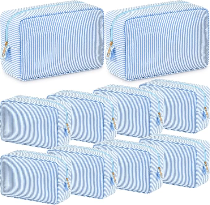 Sanwuta 10 Pcs Seersucker Cosmetic Bag Seersucker Makeup Bag Women Stripe Large Travel Toiletry Organizer Preppy Storage Pouch for Embroidery Wedding Bridesmaid Bride Mom (Light Blue) by Sanwuta