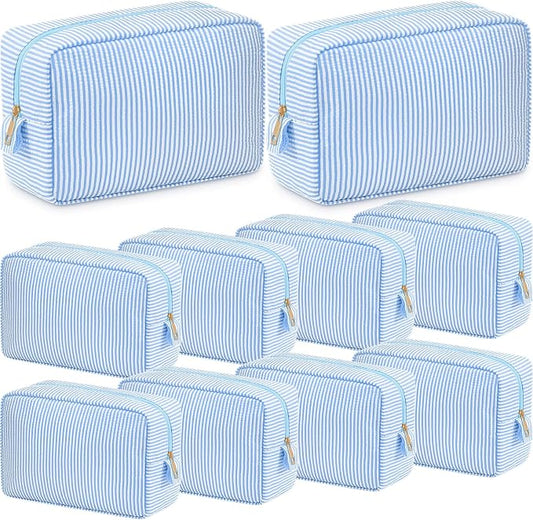 Sanwuta 10 Pcs Seersucker Cosmetic Bag Seersucker Makeup Bag Women Stripe Large Travel Toiletry Organizer Preppy Storage Pouch for Embroidery Wedding Bridesmaid Bride Mom (Light Blue) by Sanwuta