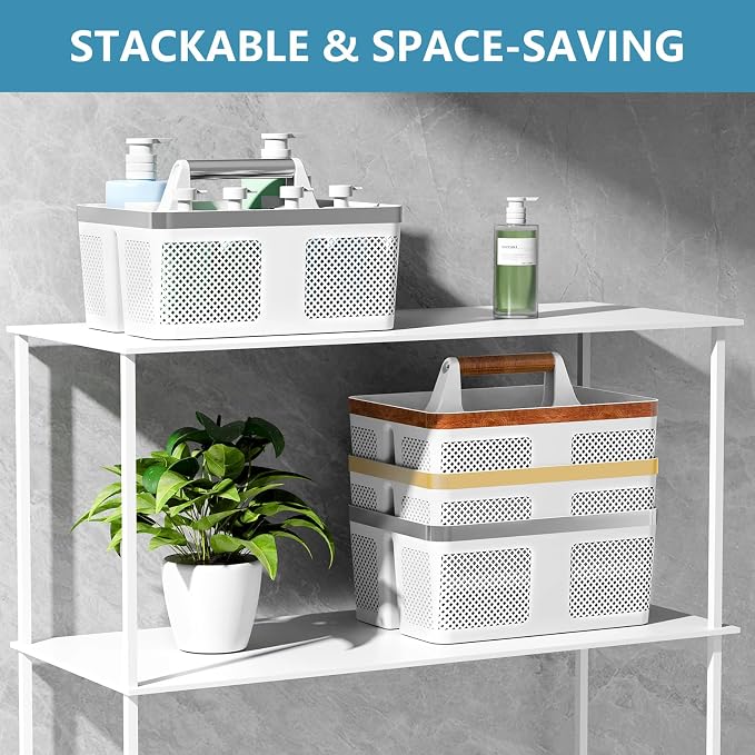 BYUNER Plastic Shower Caddy Dorm: Portable Bathroom Caddy Organizer with Handle and Holes, Cleaning Basket, Hard Shower Basket Storage Tote for Toiletry, College Dorm Room Essentials White/Silver - Image 4