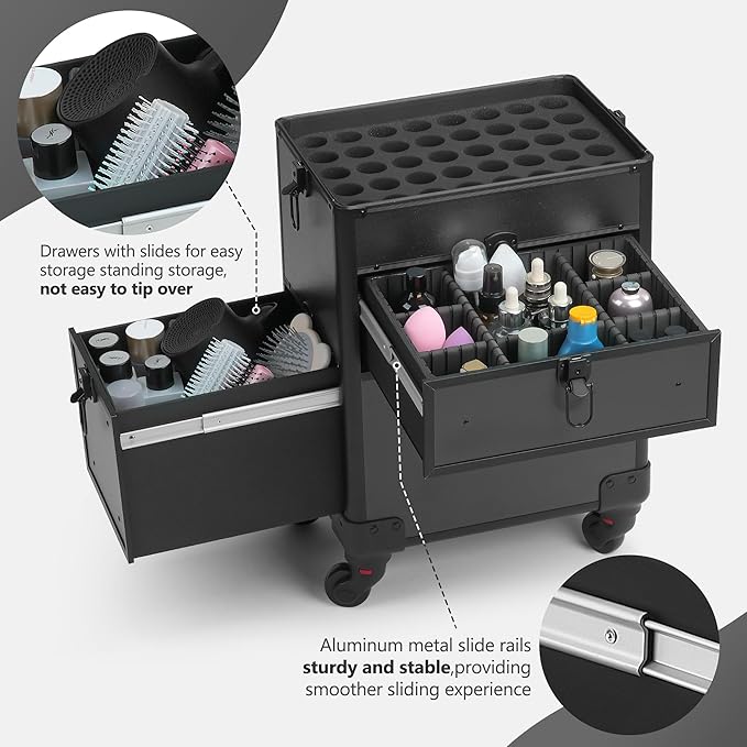 Somduy 4 in 1 Rolling Makeup Case on Wheels with Drawer and Professional Cosmetic Organizers for Salon Barber - Bright Black - Image 5