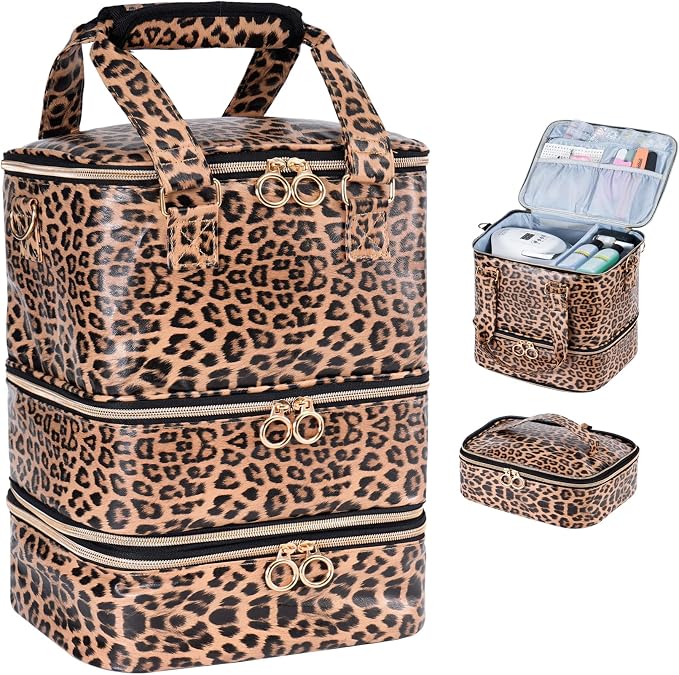 Uross Nail Polish Organizer Bag - Holds 84 Bottles & Lamp, Large Gel Storage Box for Tech Supplies Kit Case - Leopard by Uross