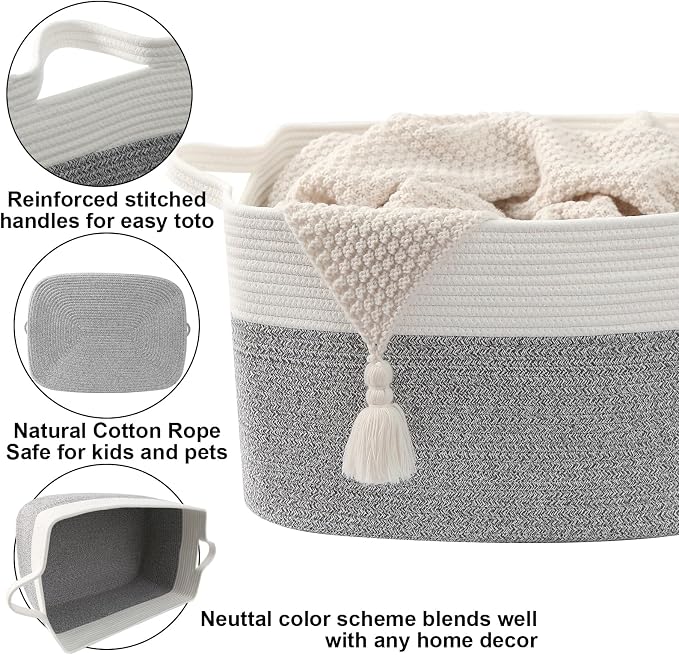 65L Collapsible Woven Rope Laundry Basket with Handles,White/Grey | 21x16x12 Foldable Rectangular Blanket Basket for Toys, Clothes & Pillows,Ideal for Nursery, Bathroom, Bedroom, Living Room - Image 3