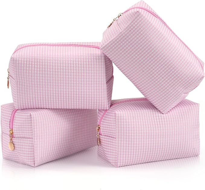 Makeup Bag Set for Women, 4PCS Travel Cosmetic Bags Pencil Case, Checkered Seersucker Toiletry Organizer Pouches, Cute Makeup Pouch for Purse, Accessories and Gifts, Pink Gingham by Unknown