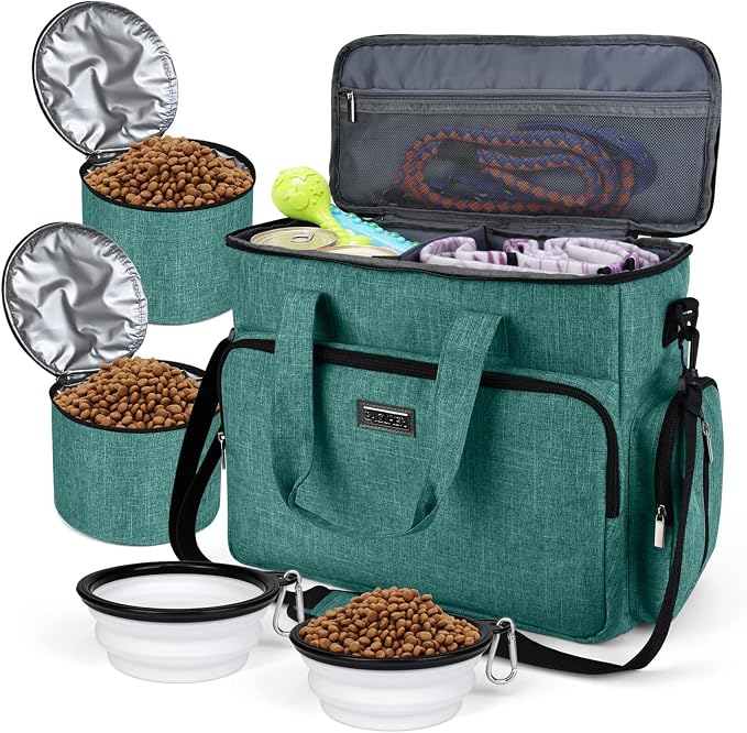 BAGLHER Dog Travel Bag, Airline Approved Pet Tote Organizer with Multi-Function Pockets, 2 X Food Storage Containers and 2 X Collapsible Bowls, Perfect Weekend Pet Travel Set for Dog, Cat Green by BAGLHER