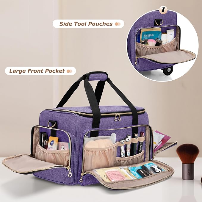 LUXJA Rolling Makeup Case with 3 Removable Makeup Bags and 1 Brush Holder | Large Cosmetic Bag with Detachable Shoulder Strap and Dolly, Professional Train Case with Multiple Storage Pockets, Purple - Image 4