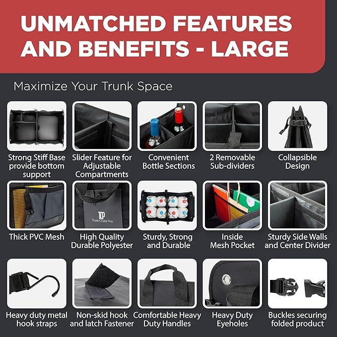 Car Cargo Organizer for SUV, Truck & Auto Storage, Gift, Grey, Large | Fits Cars, SUVs & Trucks • 4 Adjustable Compartments • Non-Slip Base & Straps • Foldable • 11 Pockets • Gift - Image 3