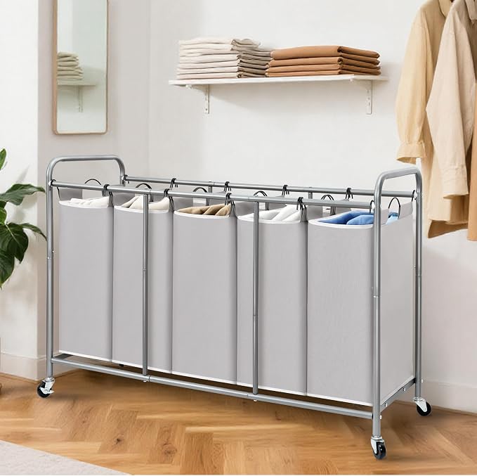 STORAGE MANIAC 5 Section Laundry Sorter, 5 Bins Rolling Separator Laundry Basket, Dirty Clothes Hamper Divider with Heavy Duty Lockable Wheels, Large Clothes Organizer Cart, Gray - Image 6