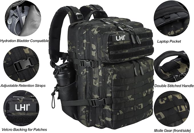 LHI Military Tactical Backpack for Men and Women 45L Army 3 Days Assault Pack Bag Large Rucksack with Molle System - Black CP - Image 5