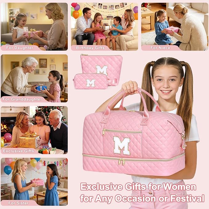 Graduation Birthday Gift for Her, Personalized Initial Weekender Bag for Women 45L Travel Duffle Carry On Quilted, 3PCS Overnight with Cosmetic & Toiletry Bag, Shoe Compartment, Gym Dance Bag for Girl - Image 8