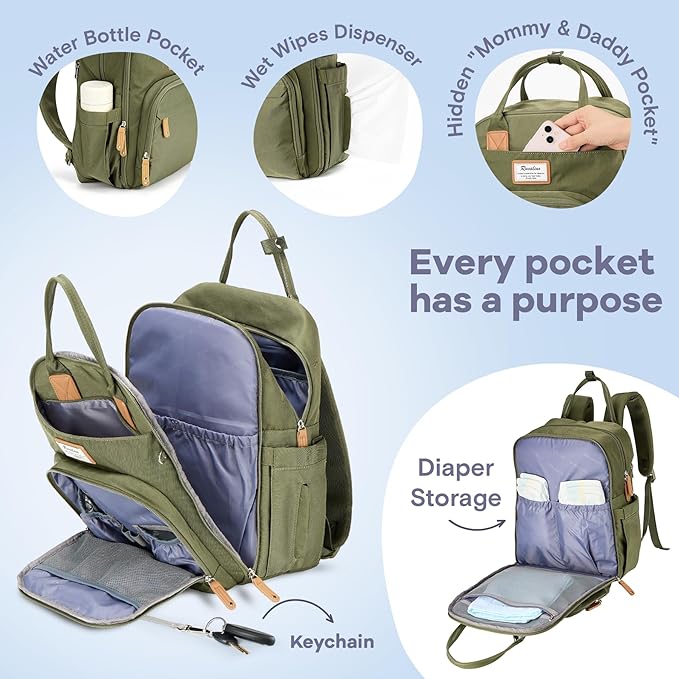 RUVALINO Diaper Bag Backpack - Multifunction Travel Back Pack Maternity Baby Changing Bags, Diaper Changing Totes, Large Capacity, Waterproof and Stylish, Baby Travel Essential, Army Green - Image 3
