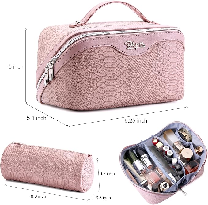 BOYATU Travel Makeup Bags for Women: 3 Pcs Set Wide Open Cosmetic Bag - Portable Make up Bags with Handle - Vegan Leather Toiletry Organizer Bag with Divider (G-02-Pink) - Image 2
