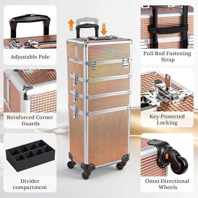 4 in 1 Makeup Train Case - Professional Cosmetology Case on Wheels, Large Transformable Makeup Train Case & Barber Case, Portable rolling makeup case & Makeup Cart, Rose Gold - Image 6