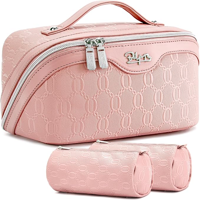 BOYATU Travel Makeup Bag for Women: Cosmetic Organizer Bag with Compartments - Leather Make up Bags Set of 3 (G-3-Pink) by BOYATU