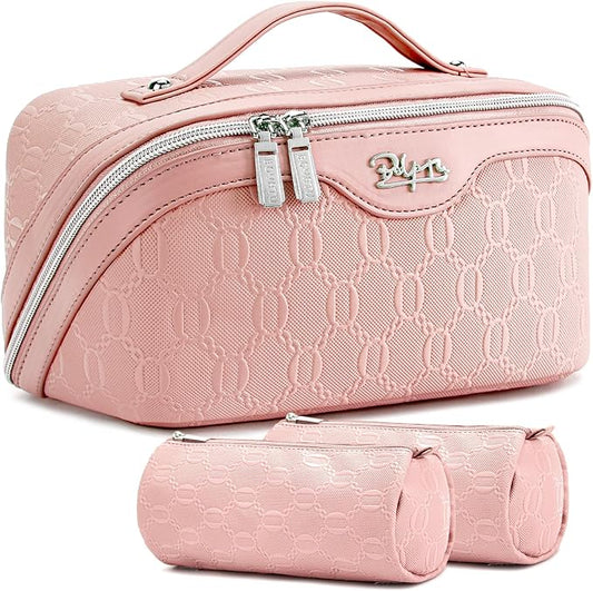 BOYATU Travel Makeup Bag for Women: Cosmetic Organizer Bag with Compartments - Leather Make up Bags Set of 3 (G-3-Pink) by BOYATU