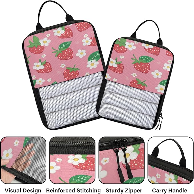 Strawberry Flower 6 Set Compression Packing Cubes for Travel Luggage Carry On Suitcase Compressible Expandable Packing Cubes Organizers Bag - Image 3