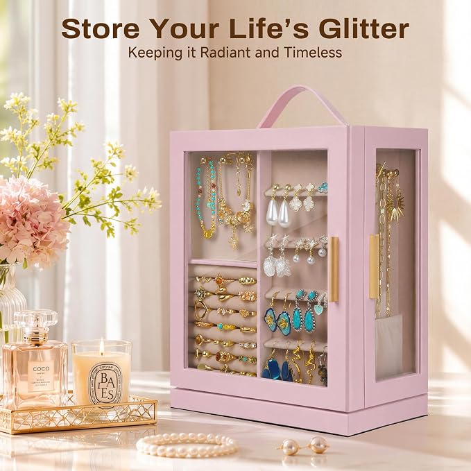 360° Rotating 5‑Drawers Jewelry Box with Top Handle & Glass Window, Spacious Vertical Jewelry Organizer, Jewelry Storage Case, Dustproof & Moisture‑resistant Design. (Pink) - Image 3