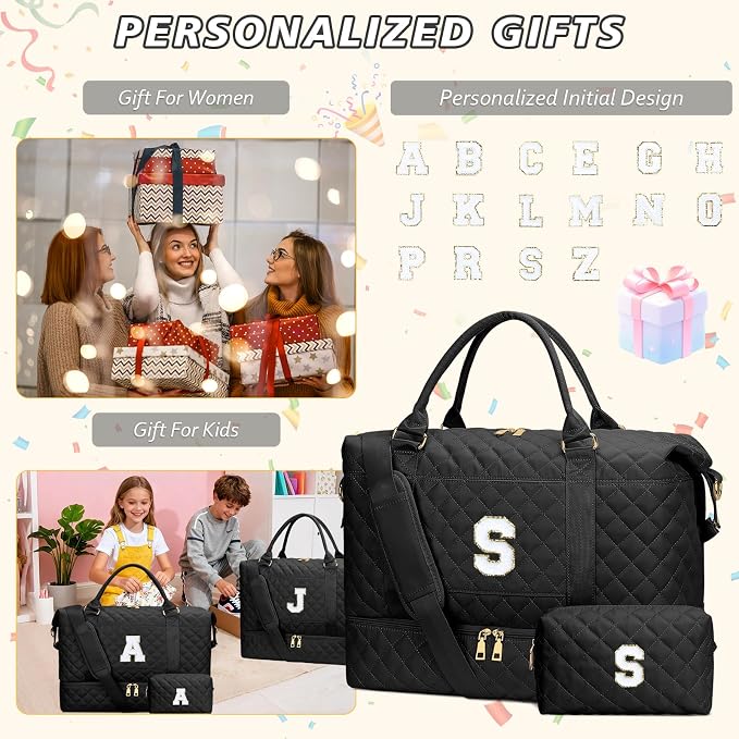 Gifts for Teen Girls Women Initial Travel Duffle Bag Quilted Weekender Carry-On Overnight with Cosmetic Bag, Gym Bag with Shoe Compartment, Black S - Image 3