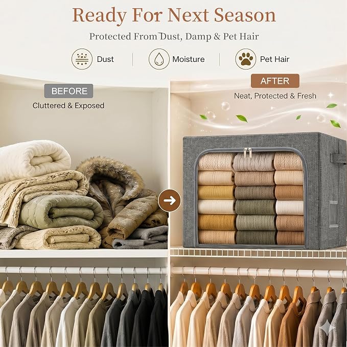 GoMaihe 3 Opening Clothes Storage Bins with Metal Frame, 66L Blanket Storage Organizer for Walk-in Closet Large Storage Boxes with Clear Window for Bedding Winter Clothing 3-Pack Grey - Image 7