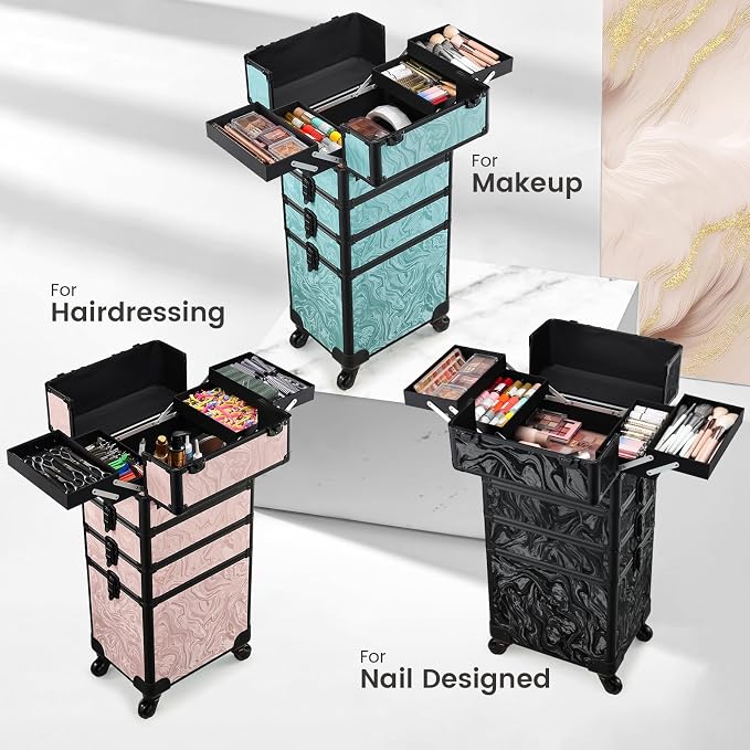 Stagiant Rolling Makeup Case 4 in 1 Cosmetology Case on Wheels Makeup Travel Case with Cosmetic Bag Key Swivel Wheels Salon Barber Case Traveling Cart Trunk Cosmetic Trolley Alpine Pink - Image 3